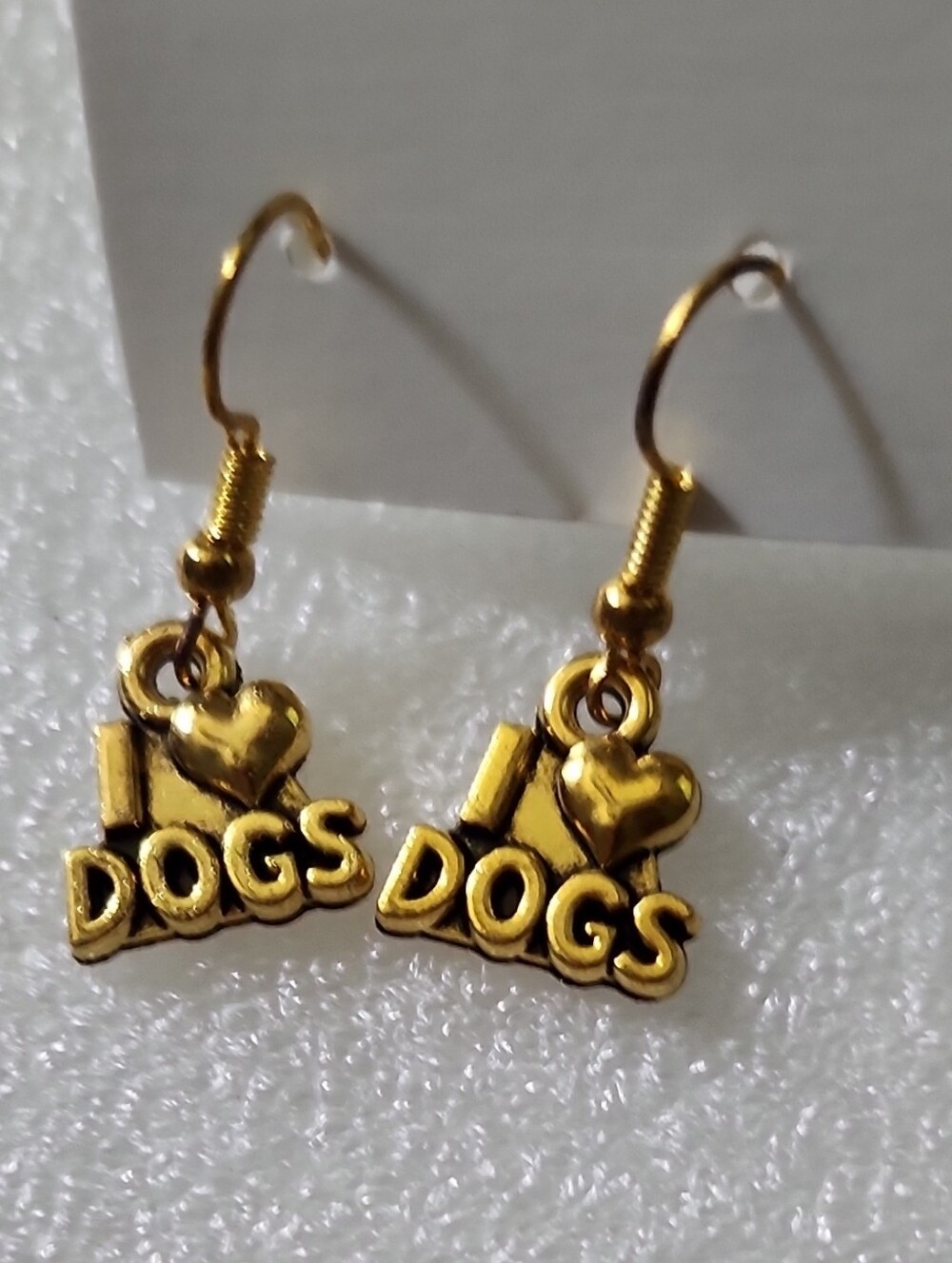 Hand Crafted Gold-tone "I ♥ DOGS" Dangle Earrings